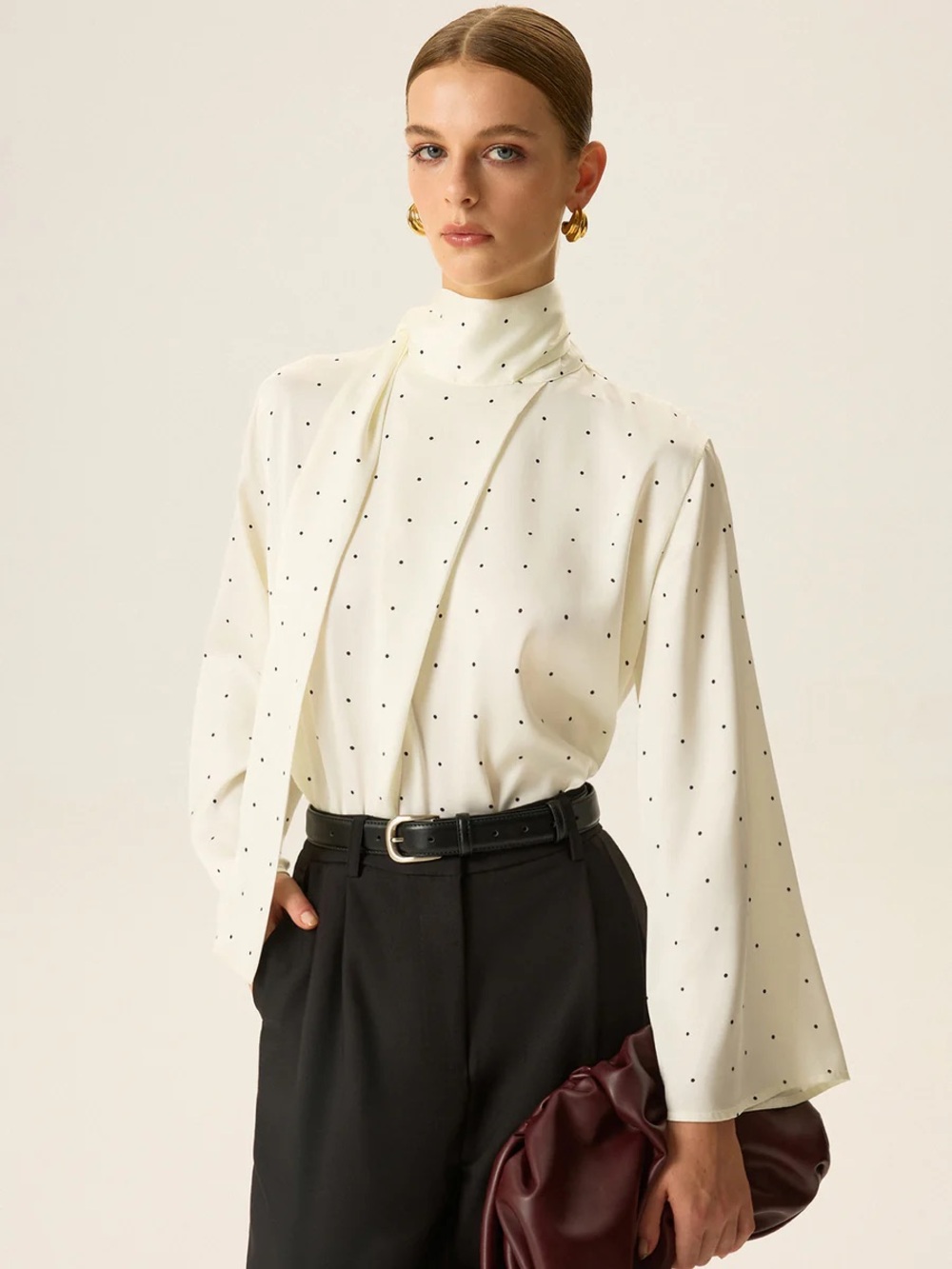 Commense Polka Dot Satin High-Neck Blouse